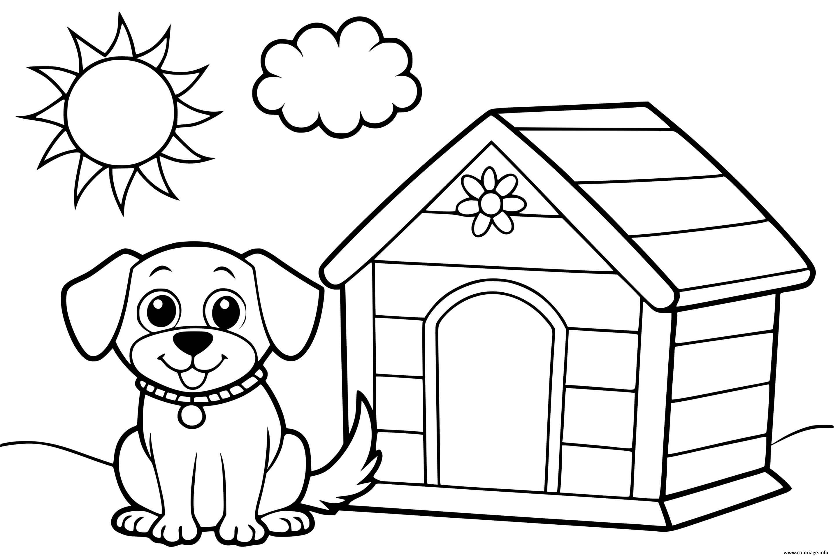 Dessin chien soleil nuage maison maternelle facile Coloriage Gratuit à Imprimer