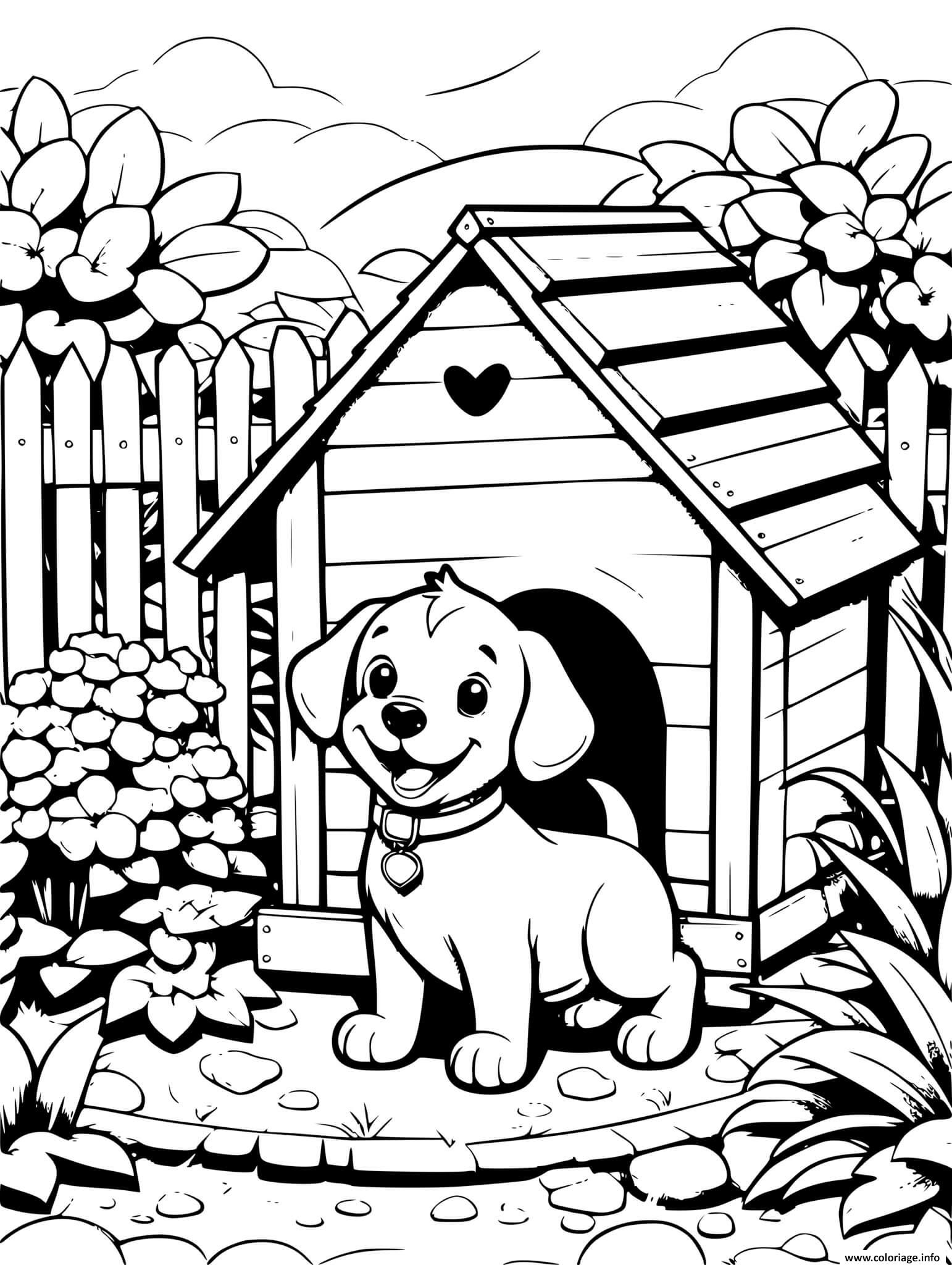 Dessin beau chiot dans sa maison avec jardin Coloriage Gratuit à Imprimer