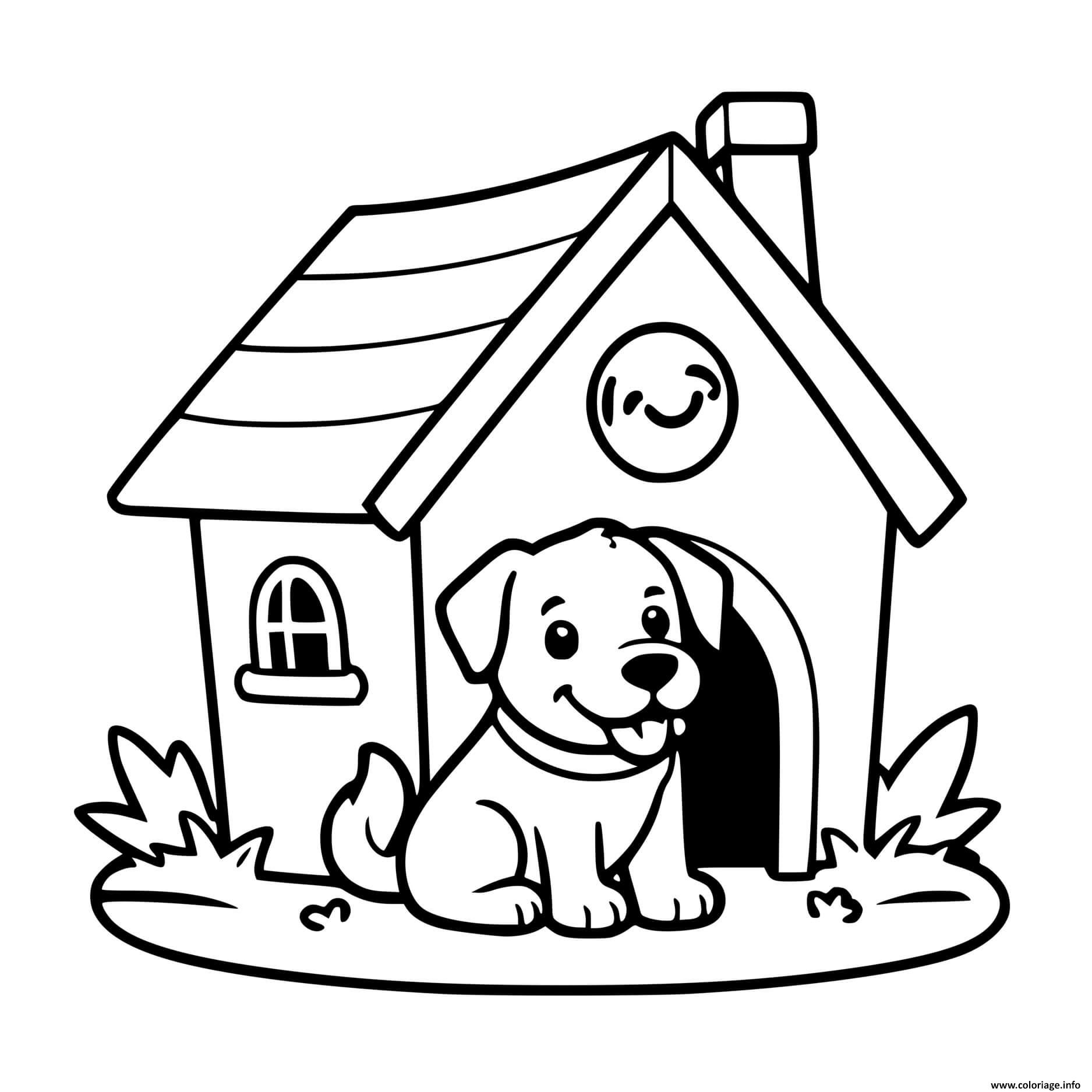 Dessin chien simple dans sa maison facile Coloriage Gratuit à Imprimer