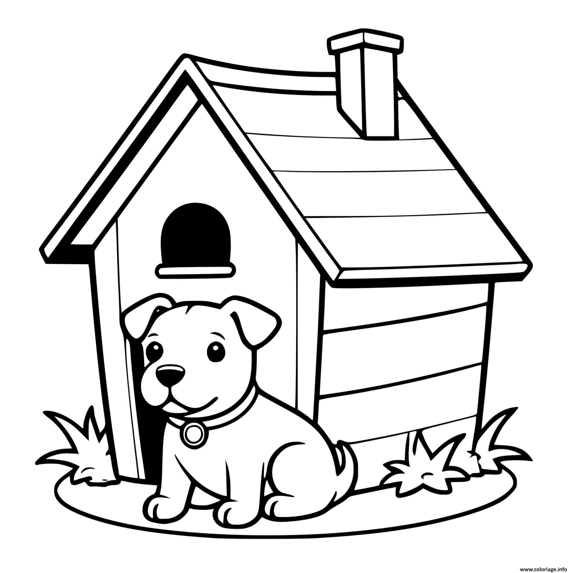 Dessin cute chien mignon devant sa maison attend son maitre Coloriage Gratuit à Imprimer