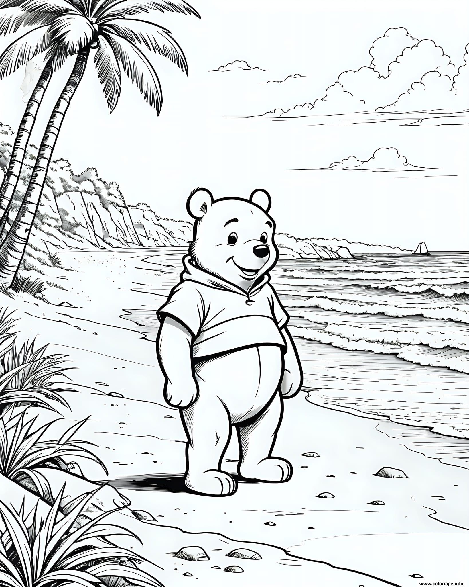 Dessin ourson balade plage tropicale Coloriage Gratuit à Imprimer