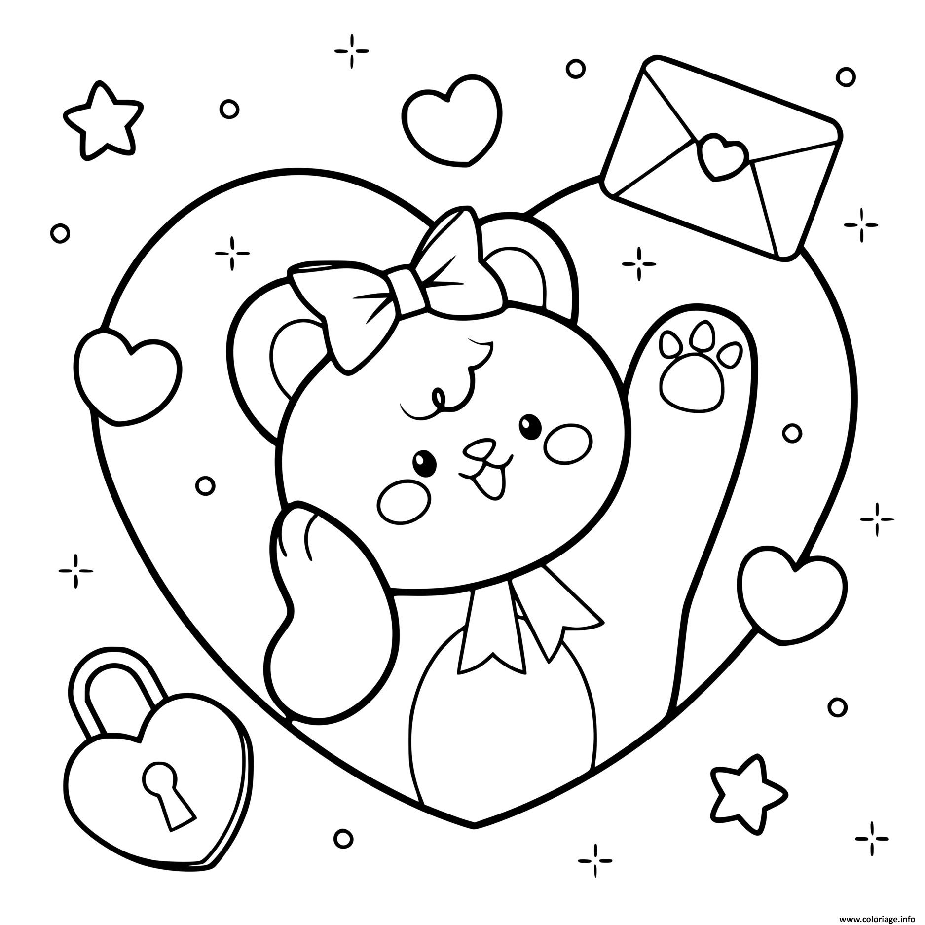 Dessin ours kawaii lettre amour saint valentin Coloriage Gratuit à Imprimer