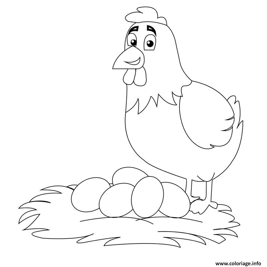 Dessin poule debout pres oeufs nid Coloriage Gratuit à Imprimer