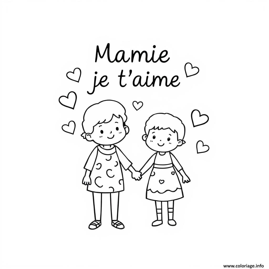 Dessin des enfants qui aiment mamie coeur Coloriage Gratuit à Imprimer