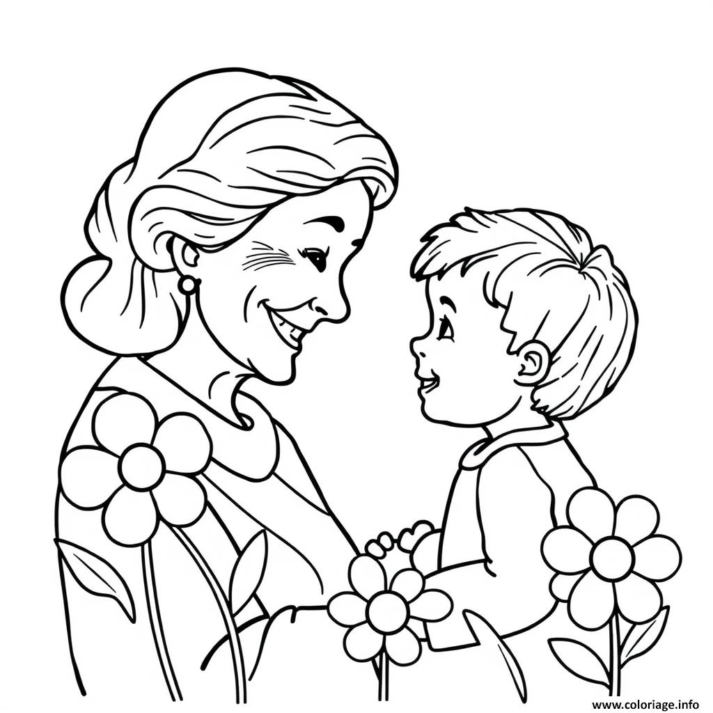 Dessin grand mere et son petit fils je taime Coloriage Gratuit à Imprimer