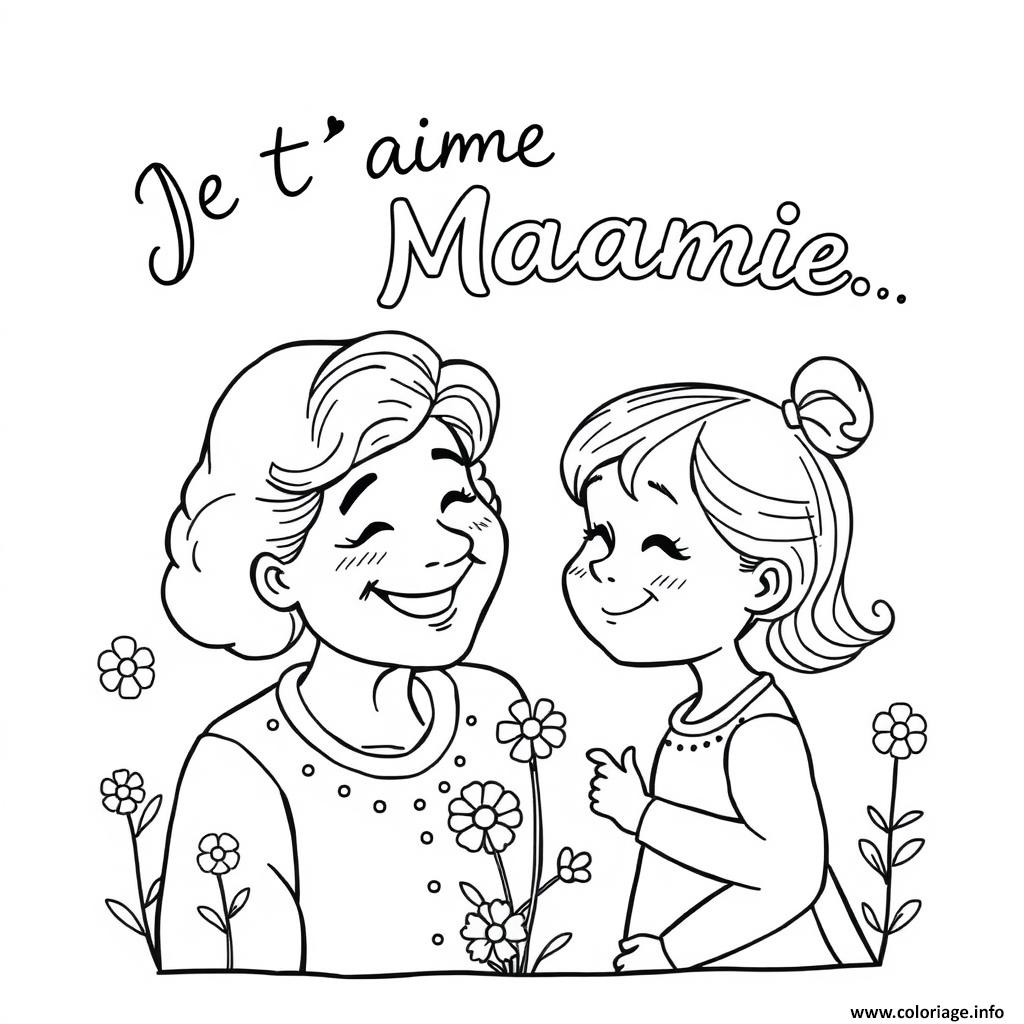 Dessin je taime mamie avec sa fille adorable Coloriage Gratuit à Imprimer