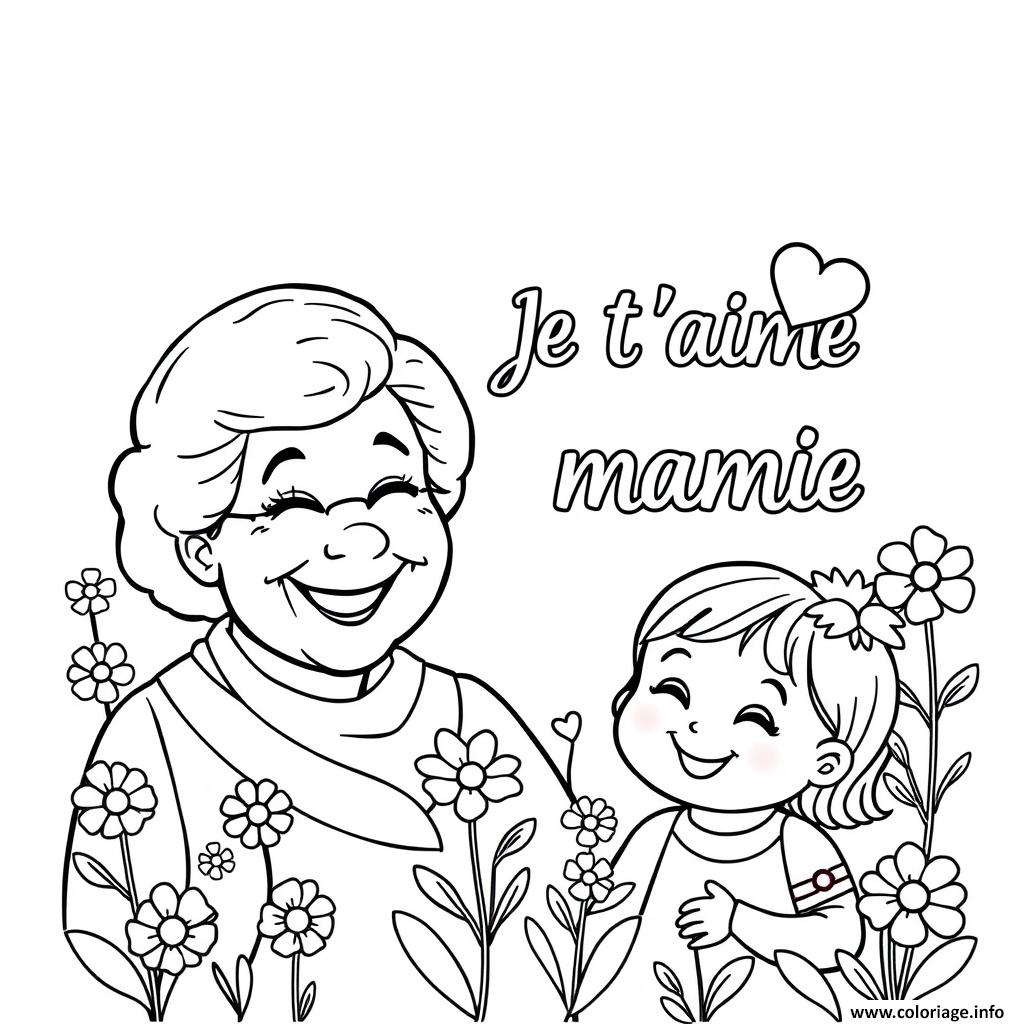 Dessin je taime mamie avec sa fille et des fleurs Coloriage Gratuit à Imprimer