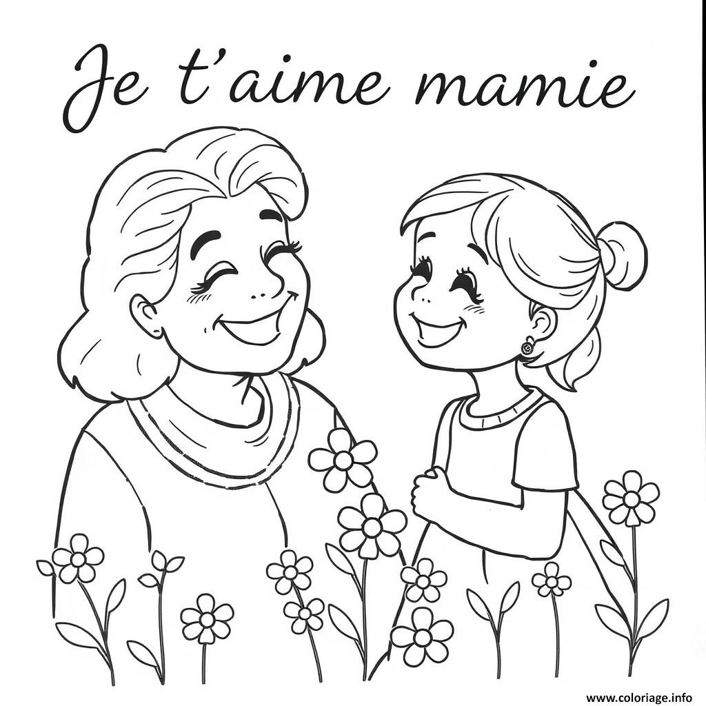 Dessin mamie et sa petite fille je taime mamie Coloriage Gratuit à Imprimer