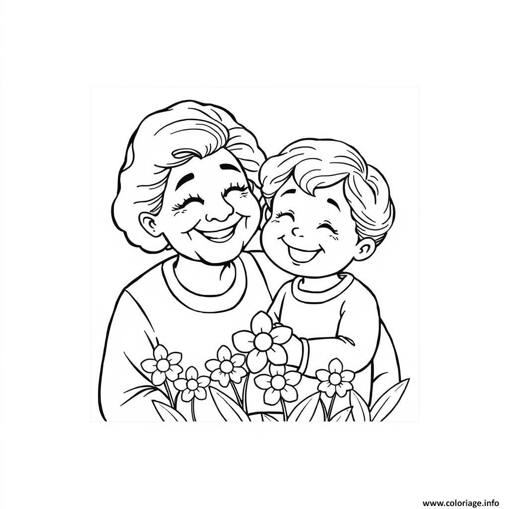 Dessin mamie et son petit fils Coloriage Gratuit à Imprimer