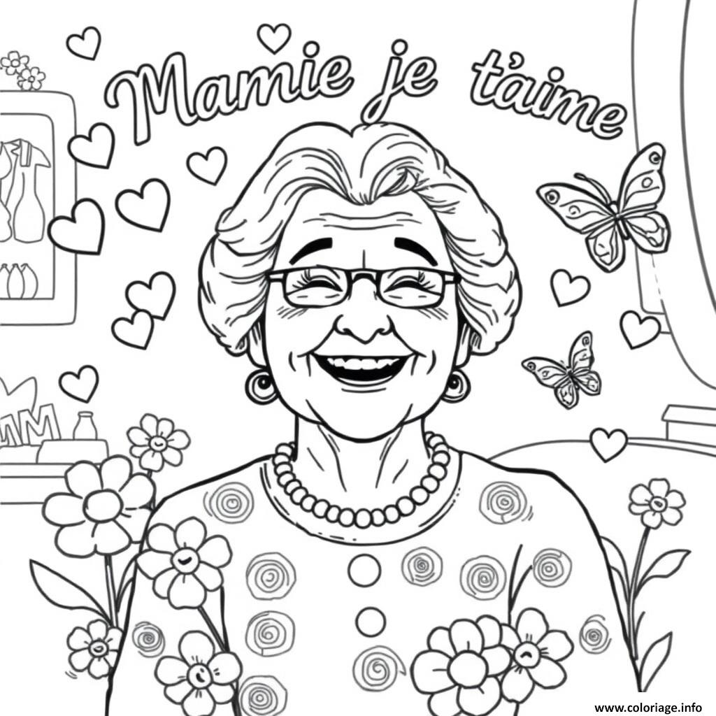 Dessin mamie heureuse pour sa journee jtm Coloriage Gratuit à Imprimer