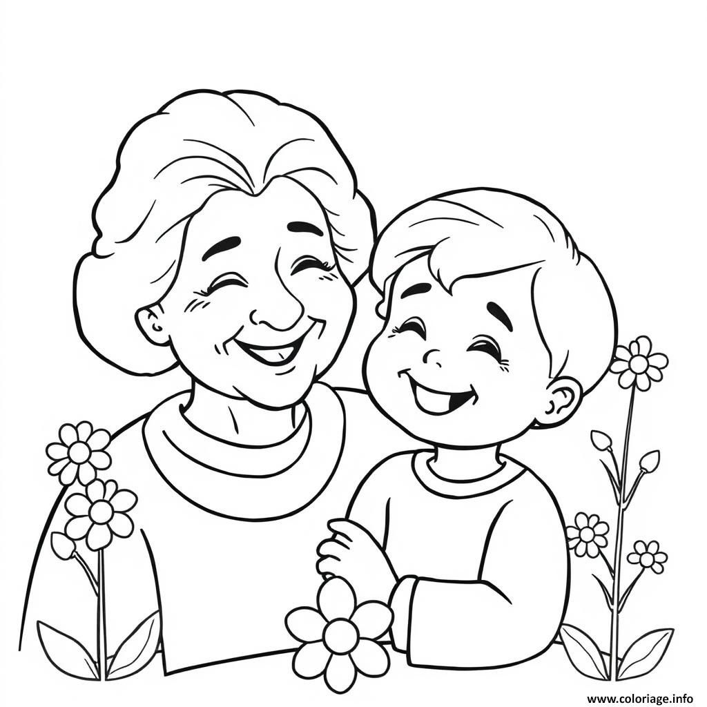 Dessin mamie son petit fils adorable mignon Coloriage Gratuit à Imprimer