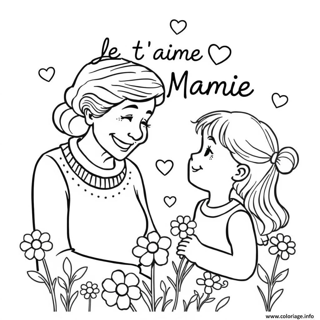 Dessin grand mere et sa petite fille je taime mamie Coloriage Gratuit à Imprimer