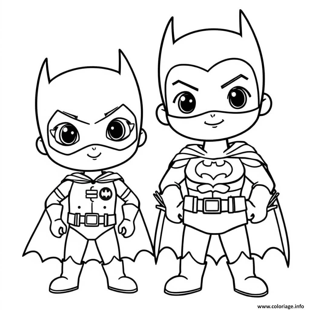 Dessin batman et robin mignon kawaii maternelle Coloriage Gratuit à Imprimer