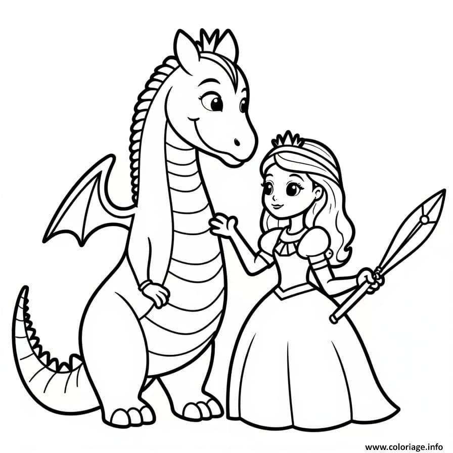 Dessin princesse et son dragon loyal Coloriage Gratuit à Imprimer