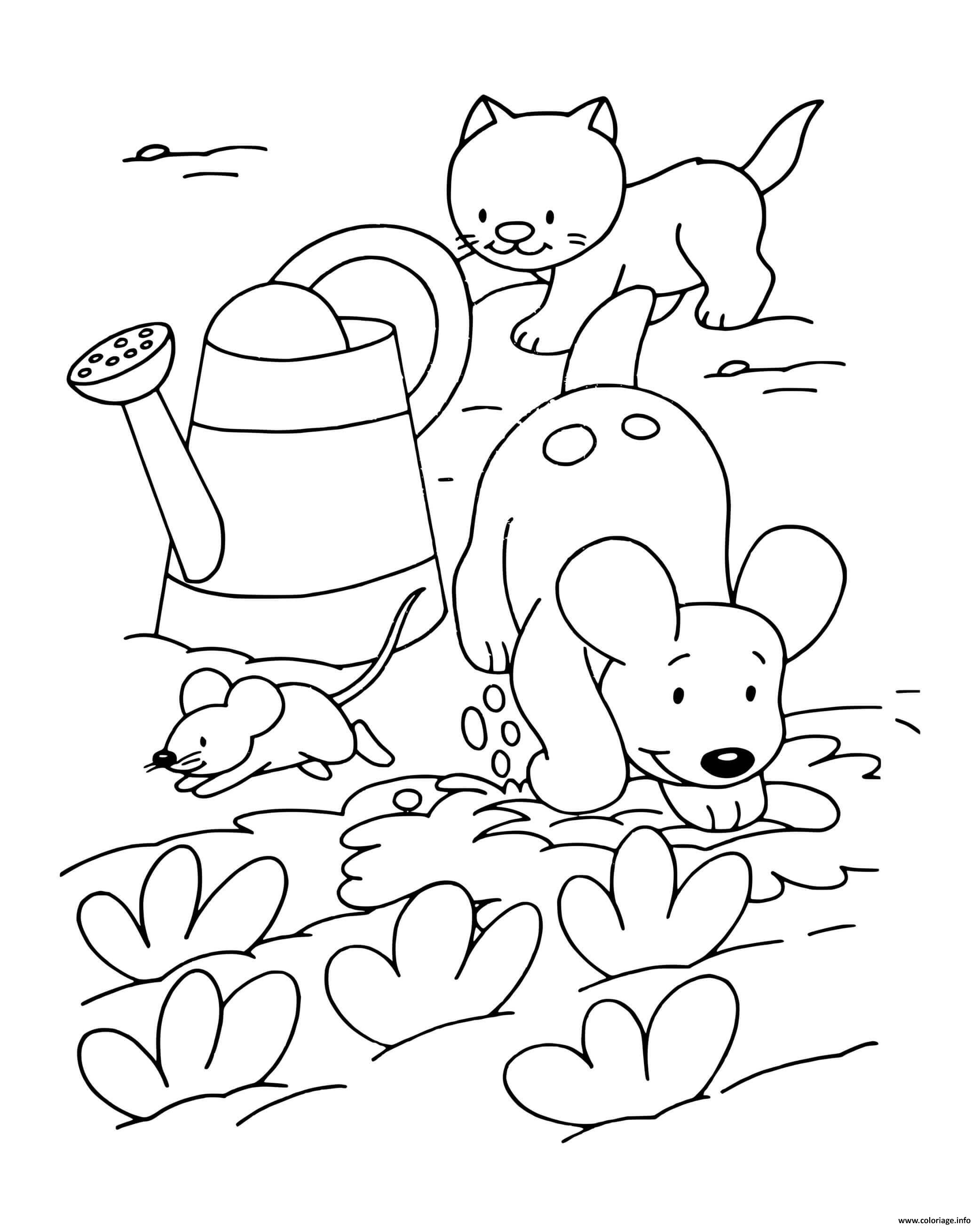 Dessin chien chat et souris dans le jardin Coloriage Gratuit à Imprimer