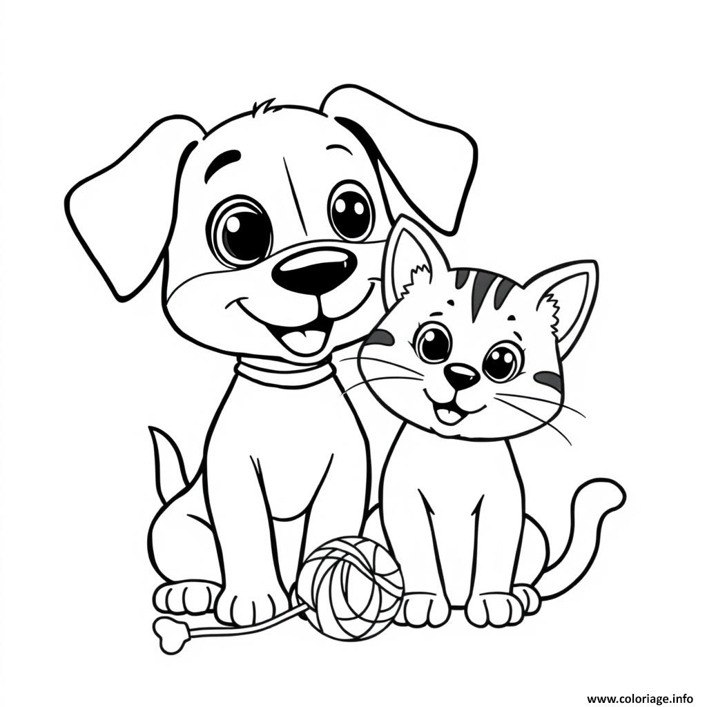 Dessin chien et chat jouent avec peluche Coloriage Gratuit à Imprimer