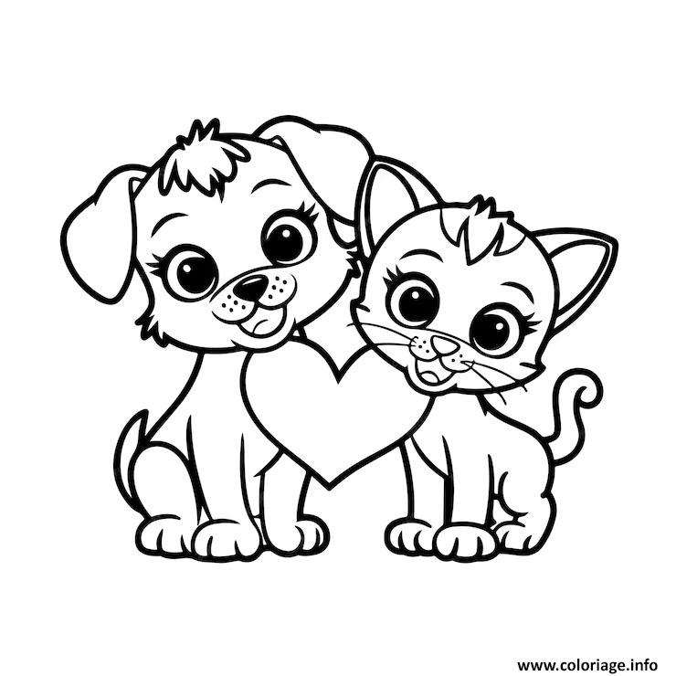 Dessin amour entre chien et chat kawaii Coloriage Gratuit à Imprimer