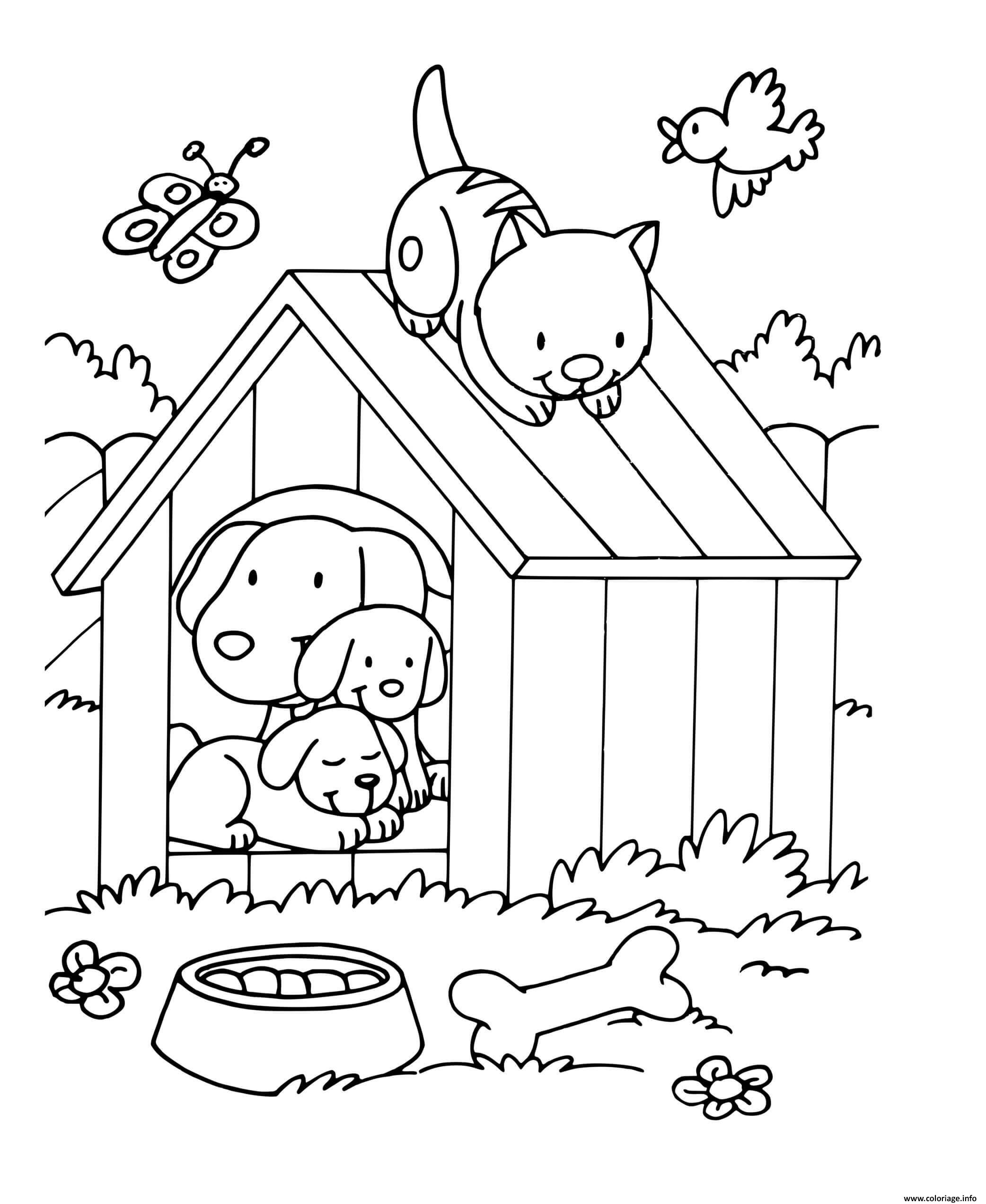 Dessin animaux maternelle chat et chiens dans la maison de chien Coloriage Gratuit à Imprimer