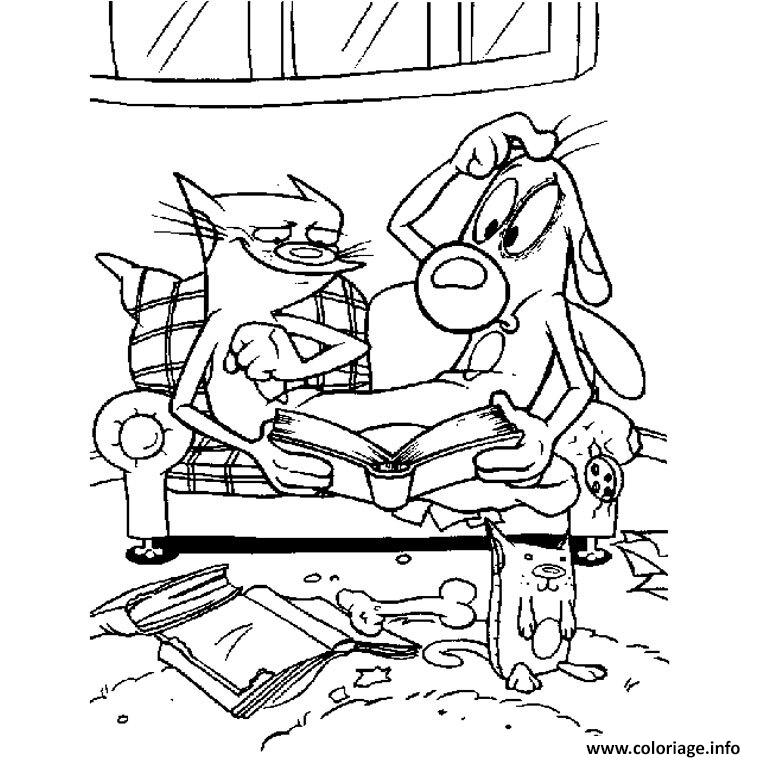 Dessin chien et chat sur canape lecture Coloriage Gratuit à Imprimer