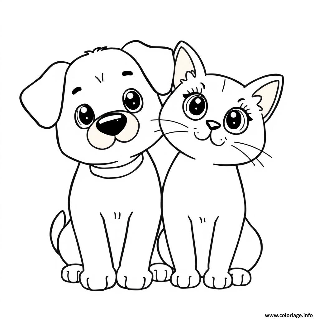 Dessin duo adorable chiot et chaton Coloriage Gratuit à Imprimer