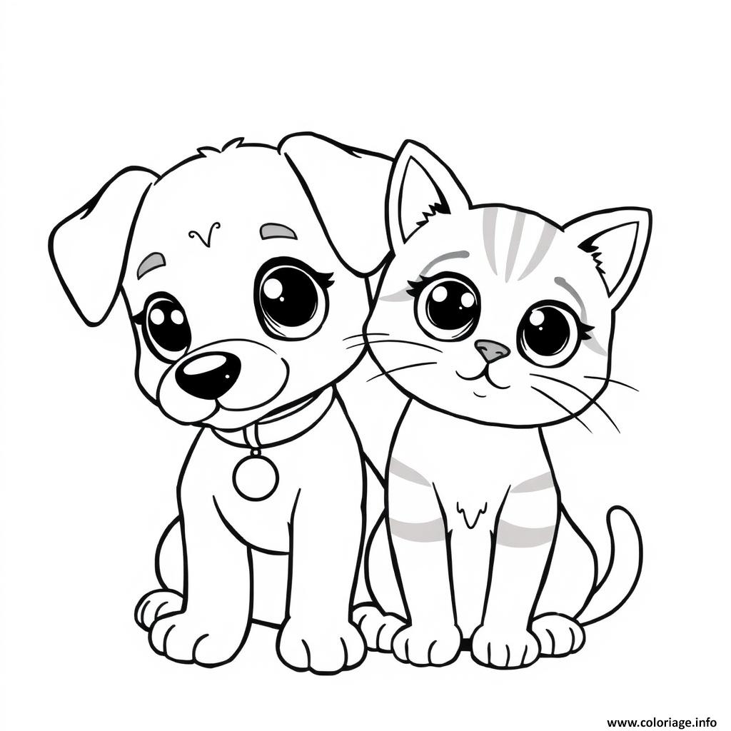 Dessin chien et chat mignons regard tendre Coloriage Gratuit à Imprimer