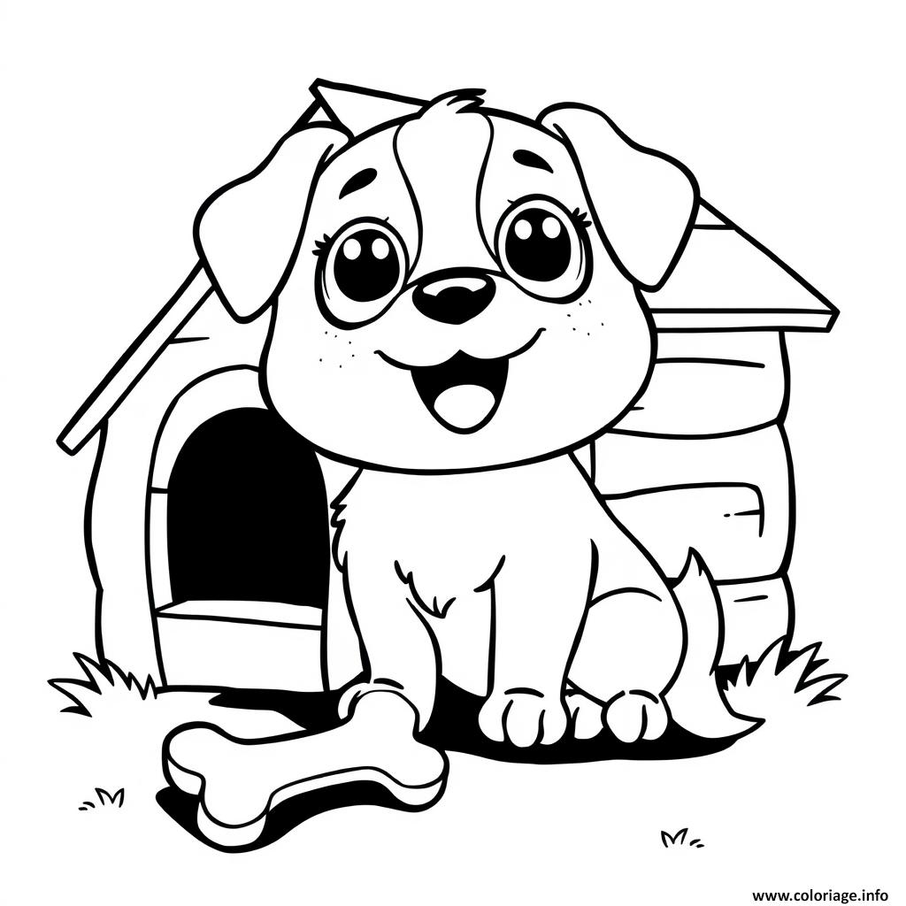 Dessin chien kawaii devant sa maison 3 Coloriage Gratuit à Imprimer