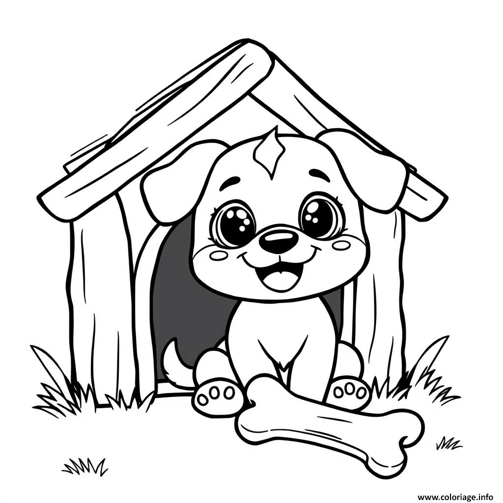 Dessin chien kawaii devant sa maison 1 Coloriage Gratuit à Imprimer