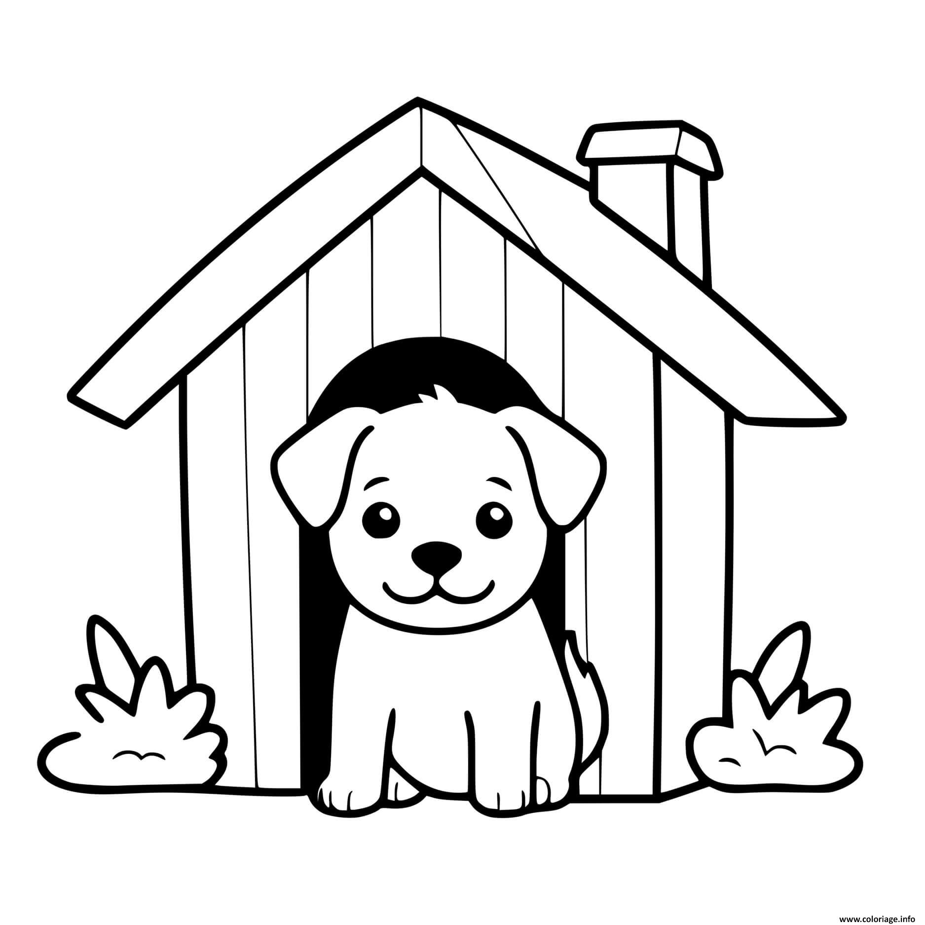 Dessin adorable chiot devant sa maison facile animal Coloriage Gratuit à Imprimer