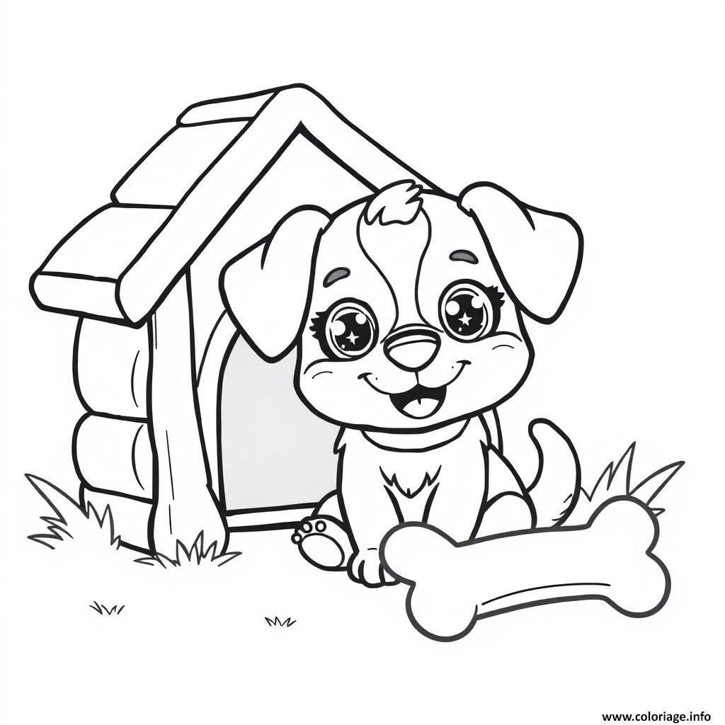 Dessin chien kawaii devant sa maison 2 Coloriage Gratuit à Imprimer