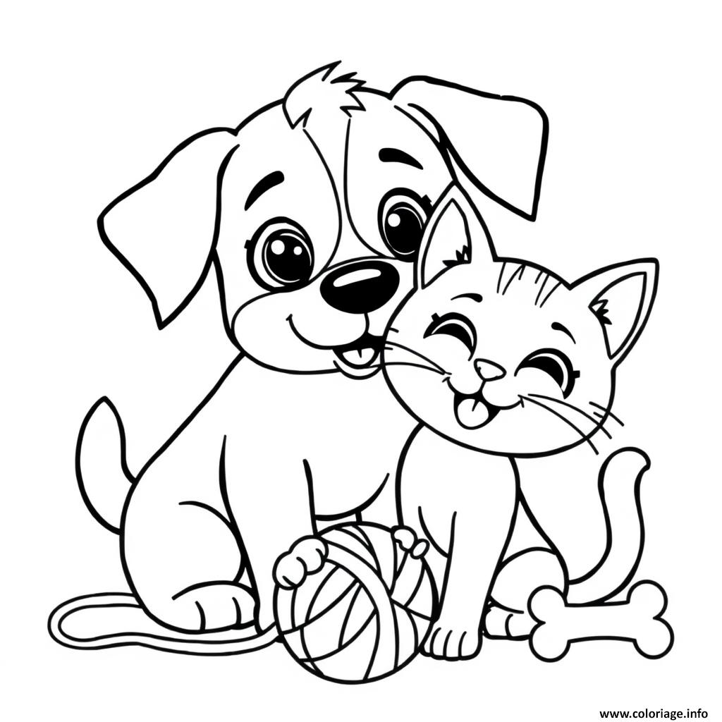 Dessin chiot et chaton heureux ensemble Coloriage Gratuit à Imprimer