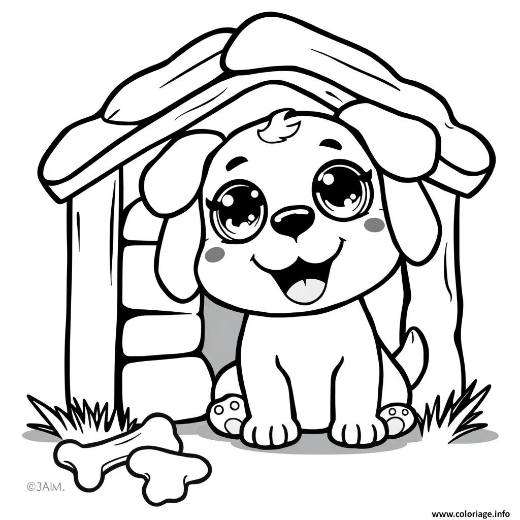 Dessin chien kawaii devant sa maison 5 Coloriage Gratuit à Imprimer