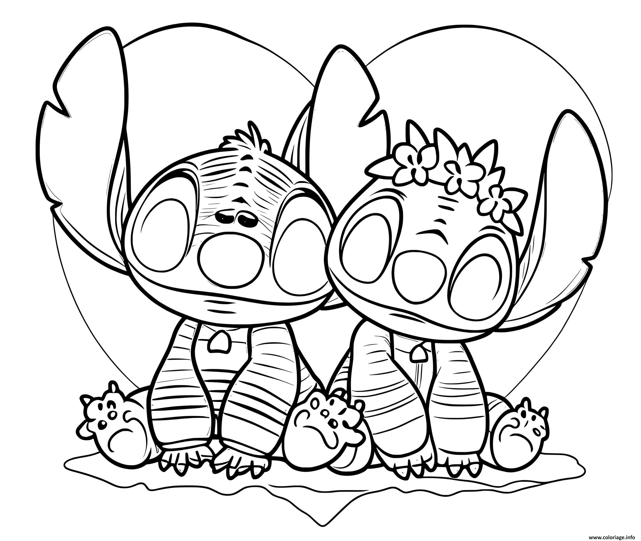 Dessin stitch et angel se regardent amoureusement Coloriage Gratuit à Imprimer