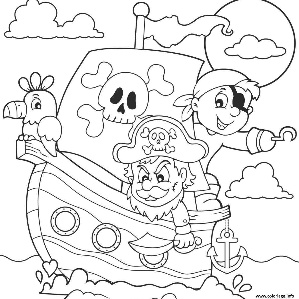 Dessin pirates des caraibes sur un batea avec un peroquet Coloriage Gratuit à Imprimer