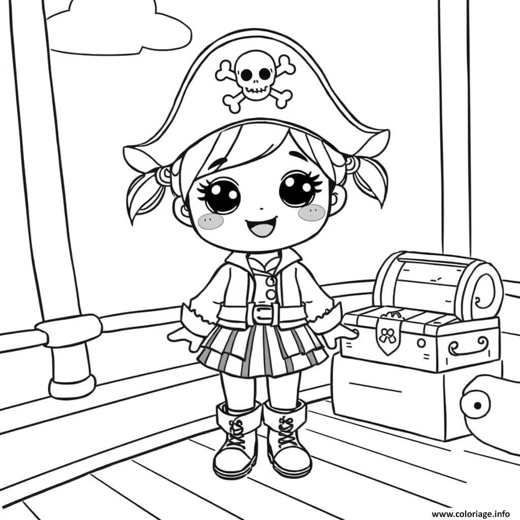 Dessin fille kawaii pirate sur un bateau avec un tresor Coloriage Gratuit à Imprimer