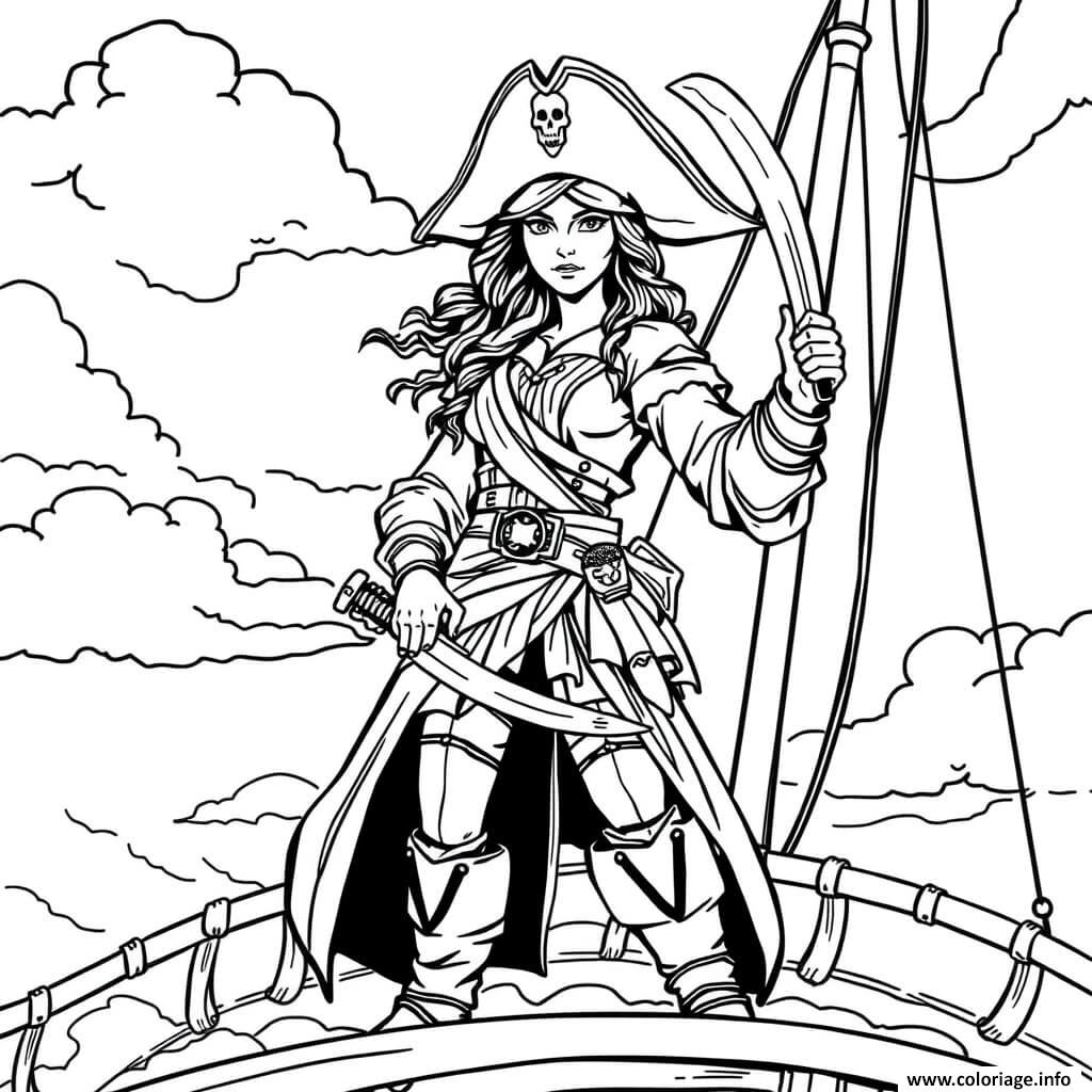 Dessin pirate femme adulte sur un bateau Coloriage Gratuit à Imprimer