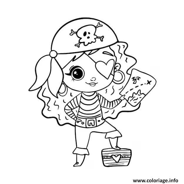 Dessin pirate fille avec une carte sur un tresor Coloriage Gratuit à Imprimer