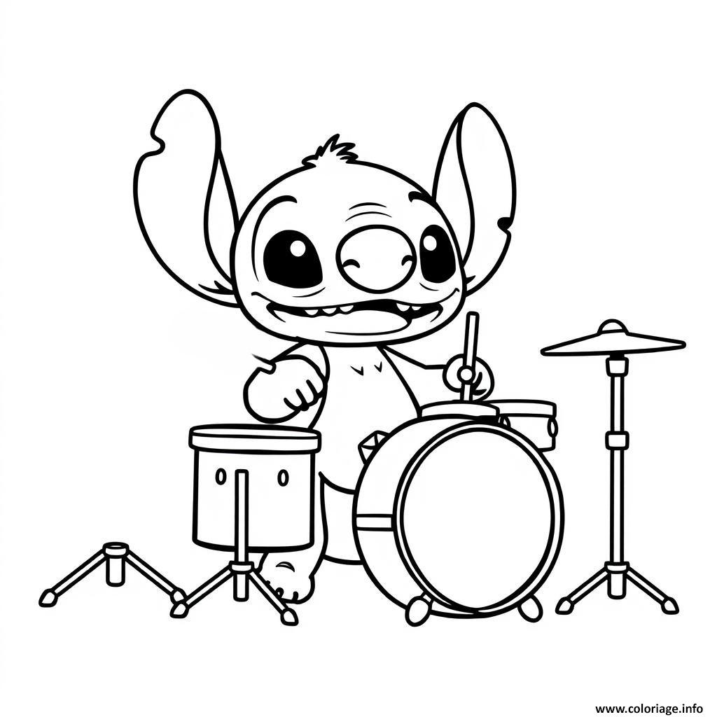 Dessin stitch joue de la batterie facile Coloriage Gratuit à Imprimer