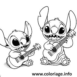 Dessin stitch jouant du ukulele en double exemplaire Coloriage Gratuit à Imprimer