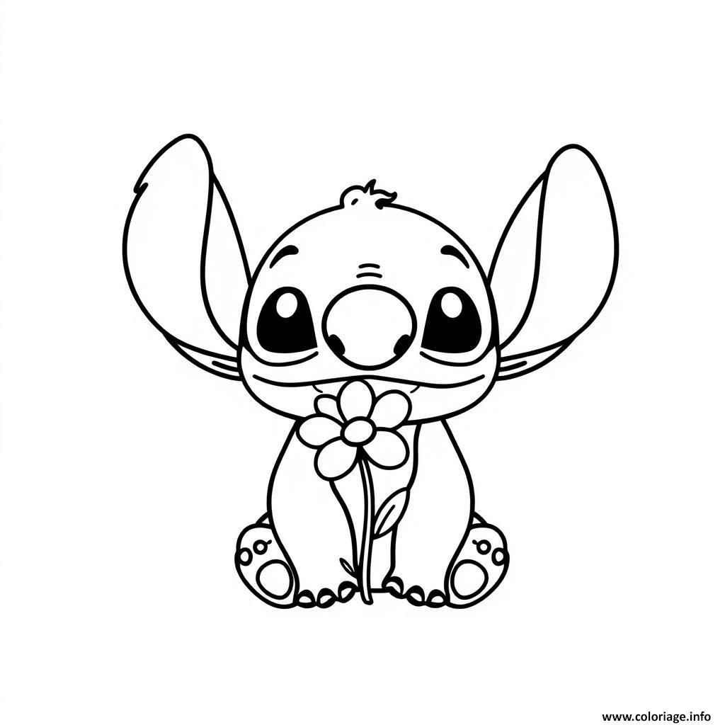 Dessin stitch tenant une fleur 1 facile Coloriage Gratuit à Imprimer