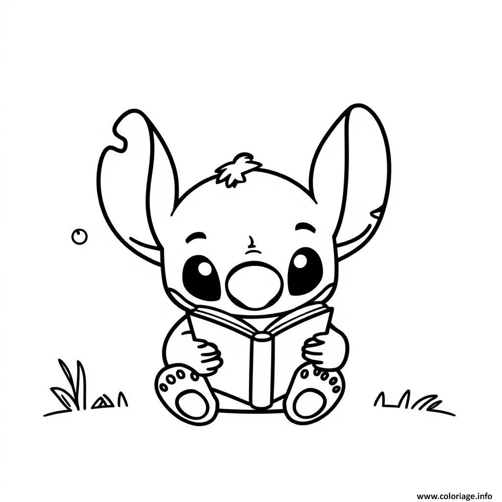 Dessin stitch lisant un livre Coloriage Gratuit à Imprimer