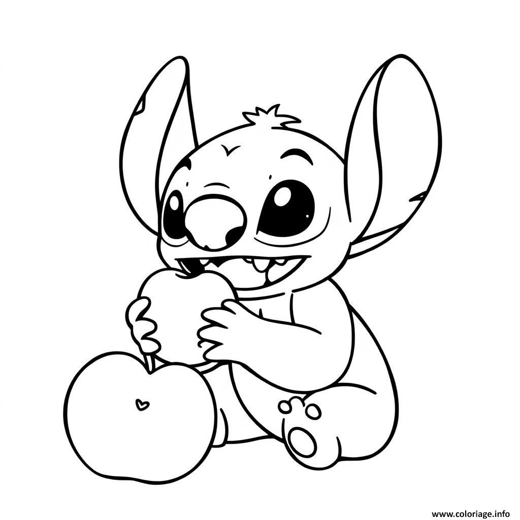 Dessin stitch mangeant des pommes facile Coloriage Gratuit à Imprimer