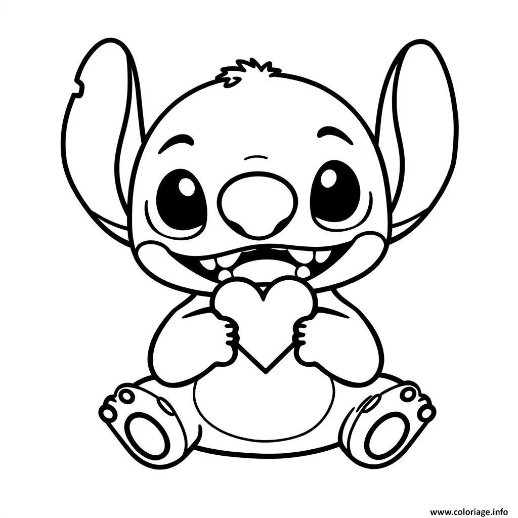 Dessin stitch tenant un cur Coloriage Gratuit à Imprimer