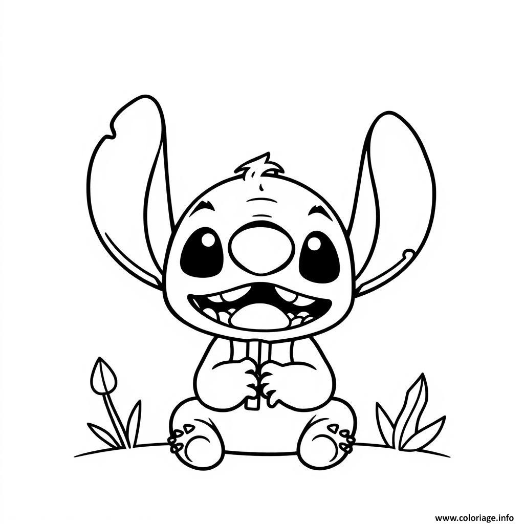 Dessin stitch assis avec un grand sourire Coloriage Gratuit à Imprimer