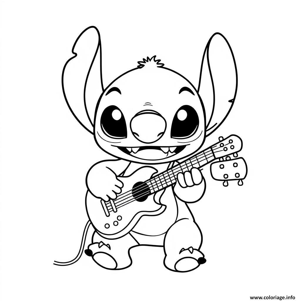 Dessin stitch jouant de la guitare Coloriage Gratuit à Imprimer