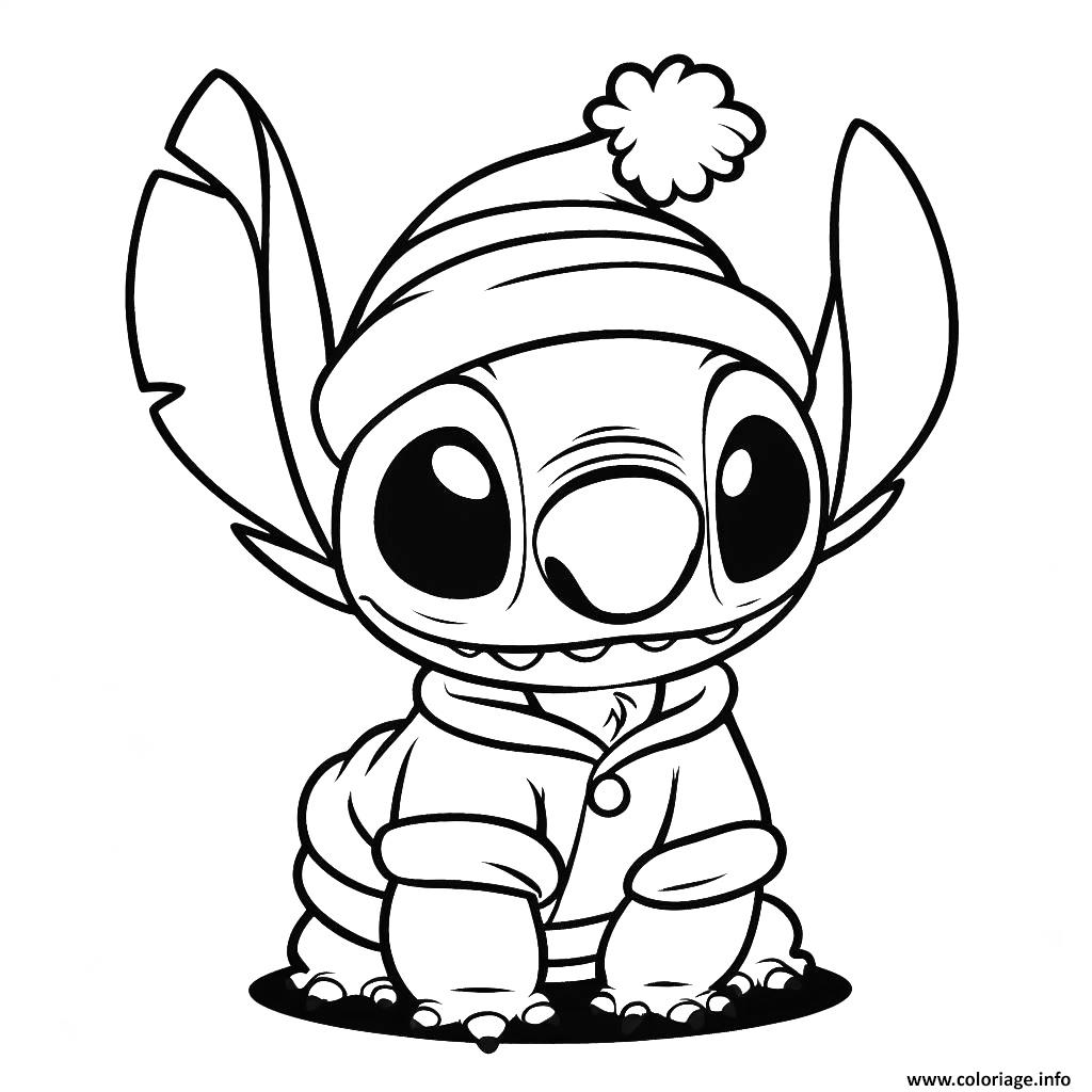 Dessin stitch en hiver facile Coloriage Gratuit à Imprimer