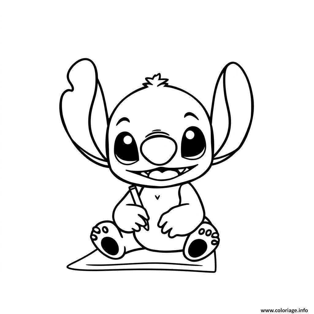 Dessin stitch assis avec un sourire facile Coloriage Gratuit à Imprimer