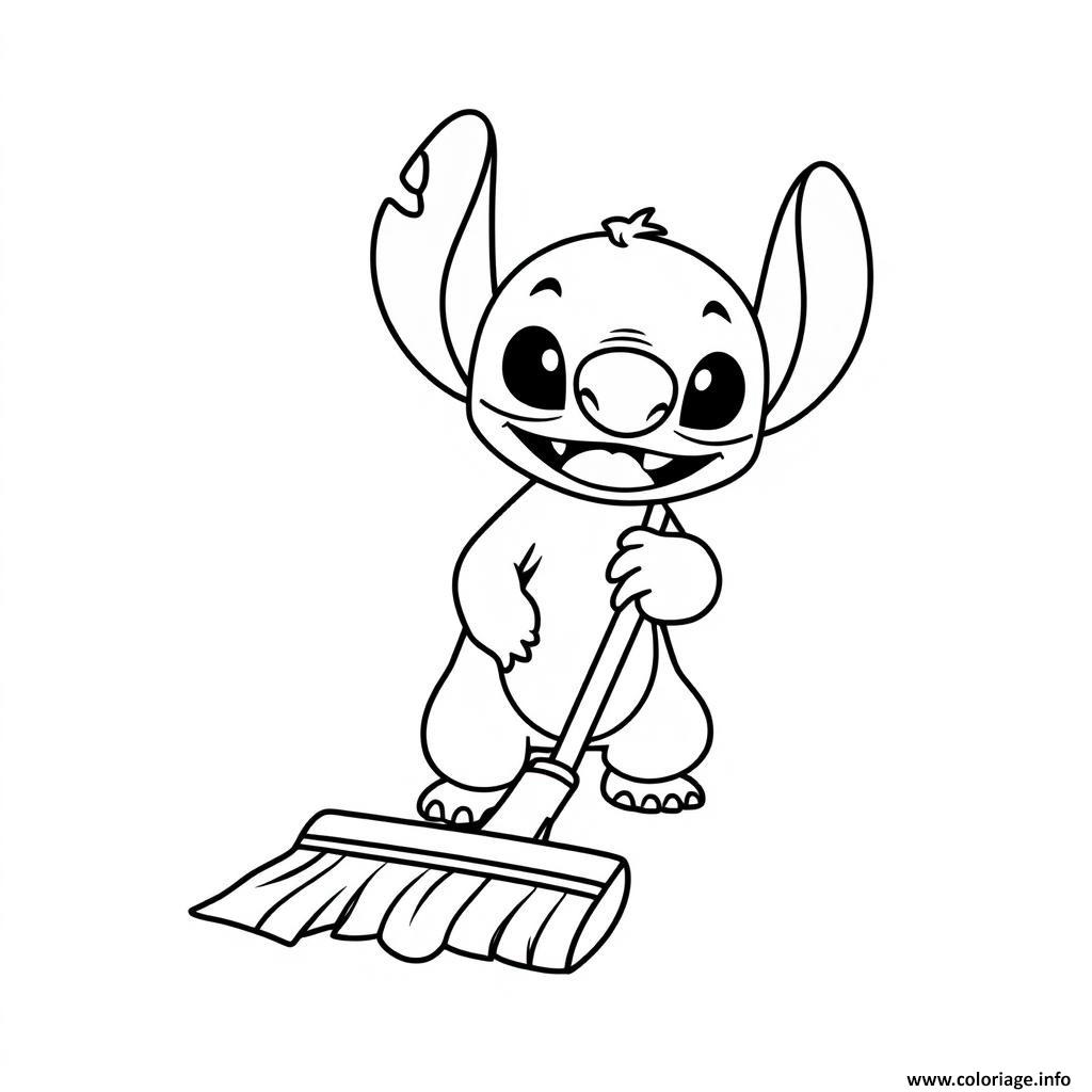 Dessin stitch avec balai Coloriage Gratuit à Imprimer