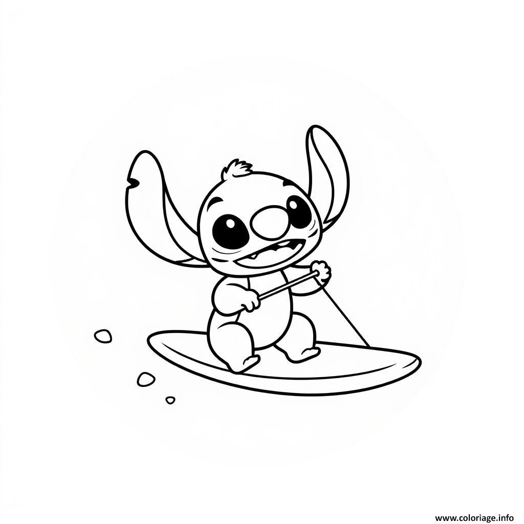 Dessin stitch en train de faire du surf Coloriage Gratuit à Imprimer