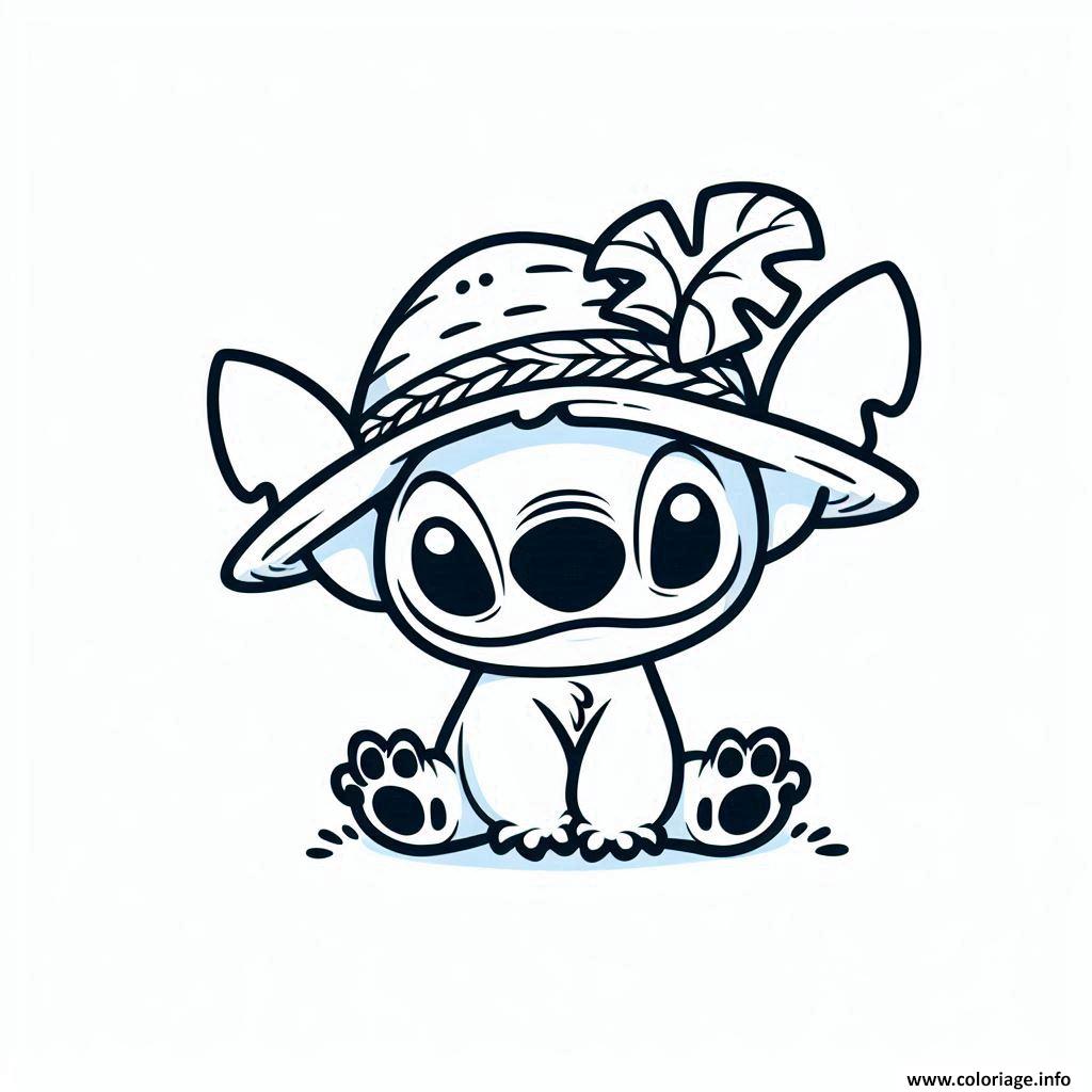 Dessin stitch avec chapeau feuille facile Coloriage Gratuit à Imprimer