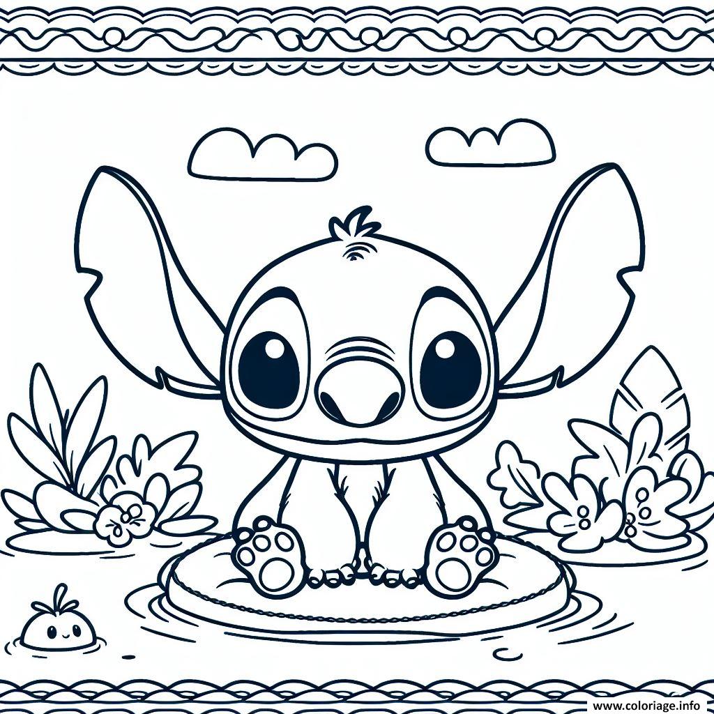 Dessin stitch assis sur un nenuphar facile Coloriage Gratuit à Imprimer